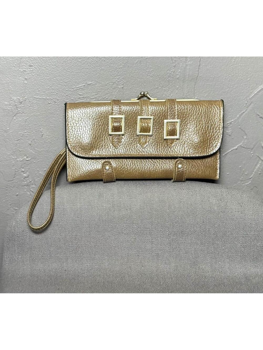 1960's Olive Brown Large MOD Wallet Wristlet Kiss Lock Buckle Strap Patch Pocket